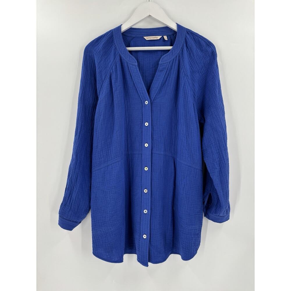 Soft Surroundings Button Up Shirt Womens Large Blue 100% Cotton Long Sleeves